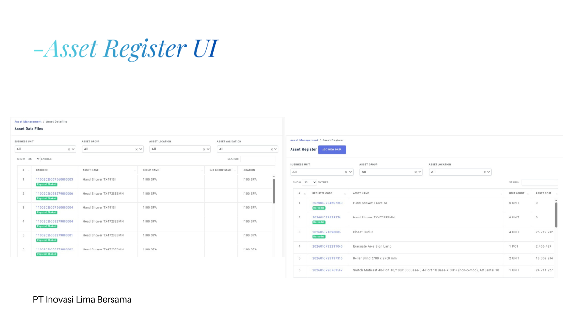 Atraxsys asset register UI preview